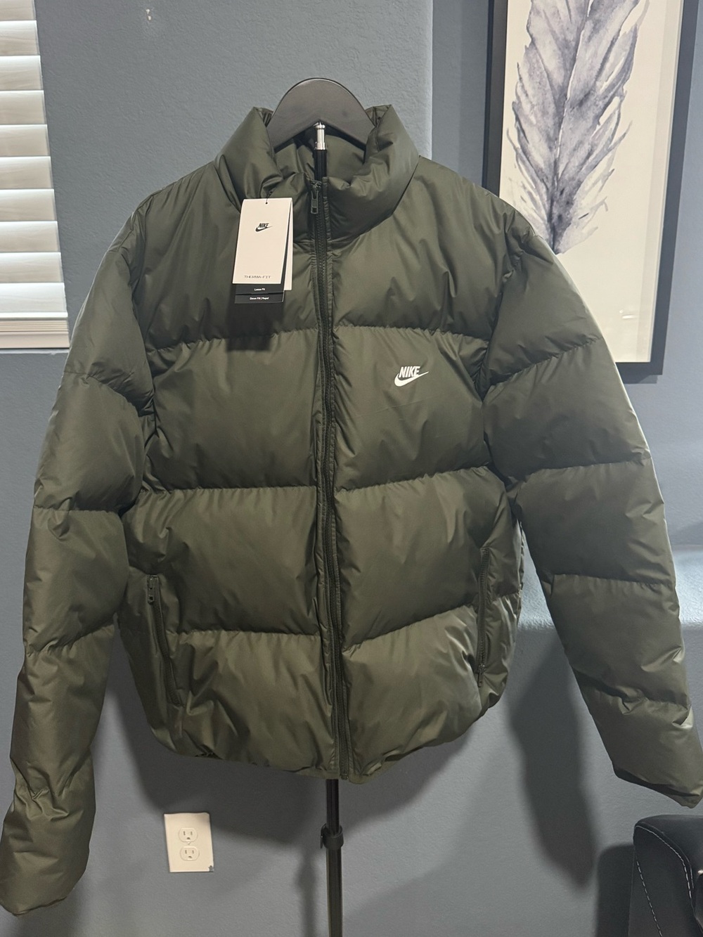 Nike Men's Club Puffer Jacket in Olive Green - Grey Duck Down Fill